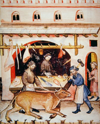 The Butchers: Veal, illustration from Tacuinum Sanitatis Codex Vindobonensis by Italian School
